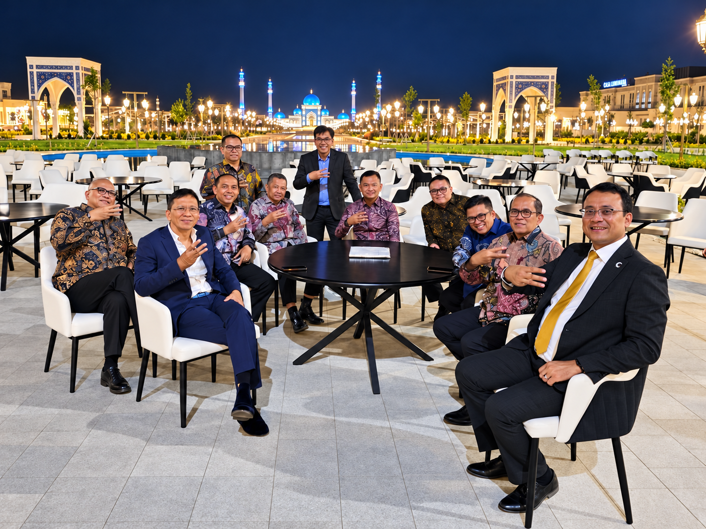 A gathering in the Imam Al Bukhari Complex courtyard at night